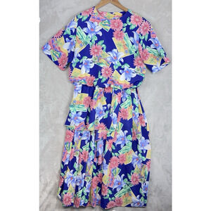 Vintage Sabino 80s Maximalist Floral Scenic Ruffle Tiered Dress Retro Resortwear